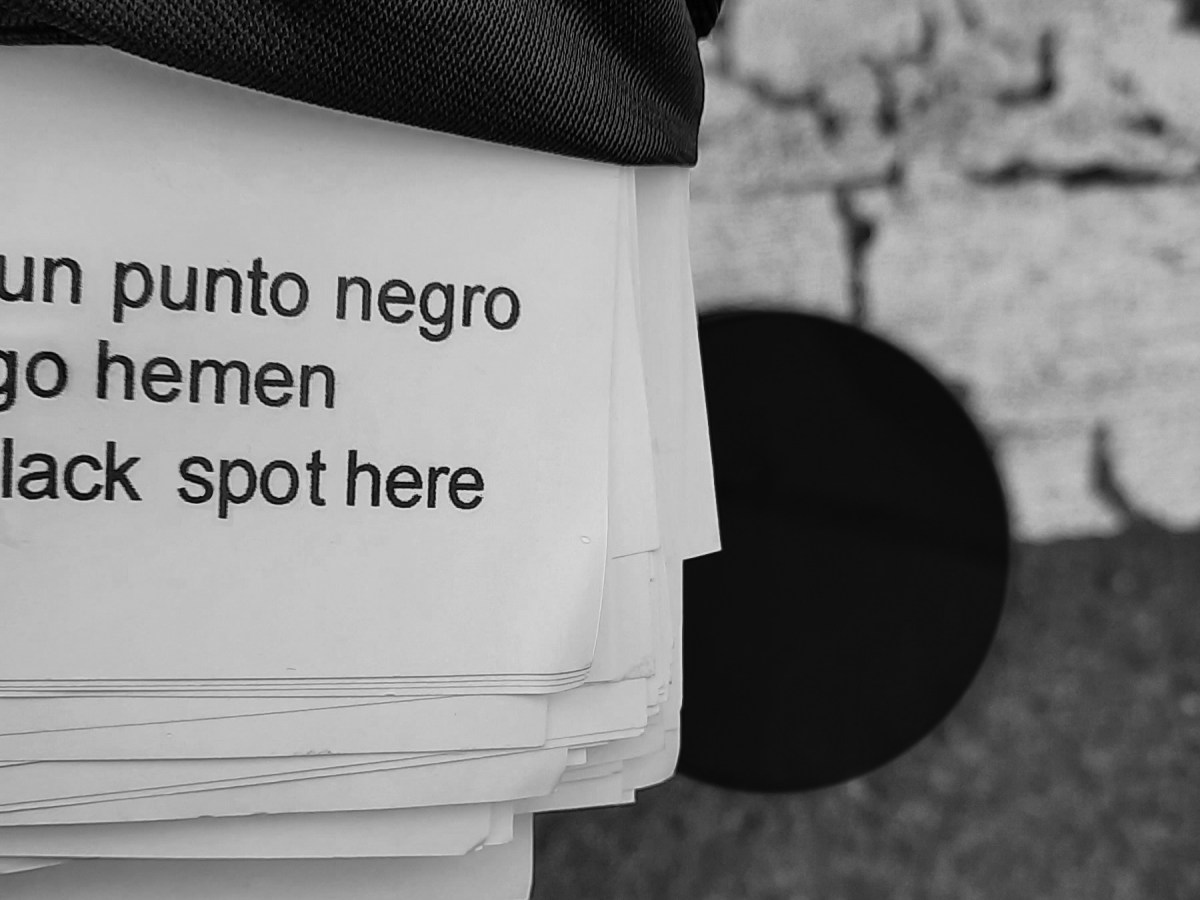“Aquí hay un punto negro / Hemen puntu beltz bat dago / There is a black spot here. Después de Irene&nbsp;#12”.