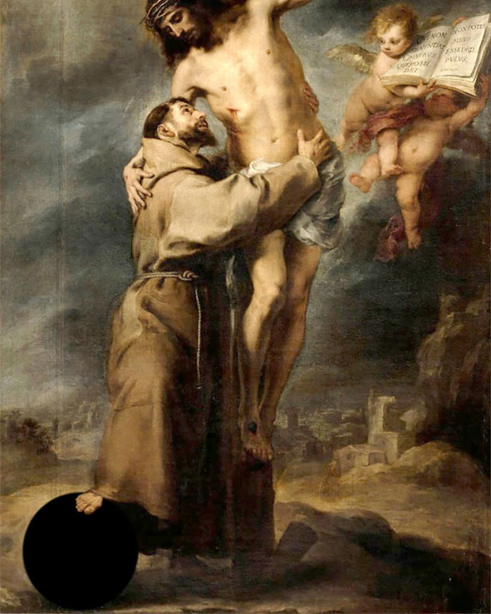 San Francisco abrazando a Cristo en la Cruz. Bartolomé Esteban Murillo, 1665-66. Rectificado.
