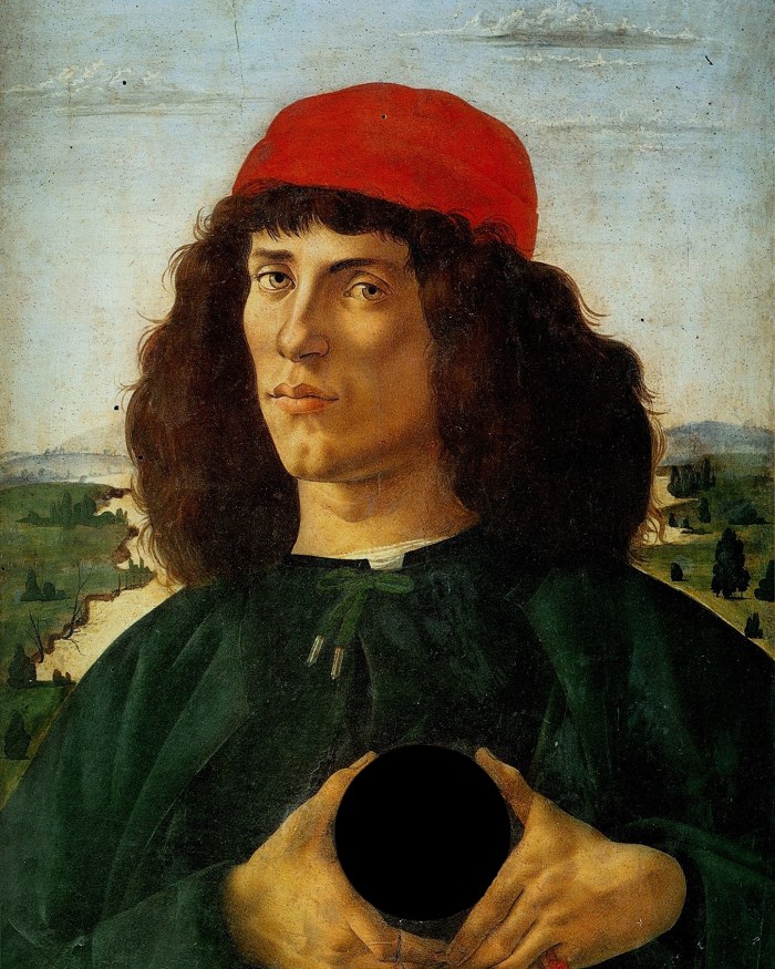 Retrato de hombre con medalla de Cosme el viejo. Sandro Botticelli, 1474-75. Rectificada.