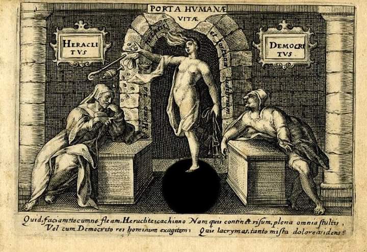 La Fortuna entre Heráclito y Demócrito. Fortune between Heraclitus and Democritus. Crispijn de Passe el viejo. 1599. Rectificada.